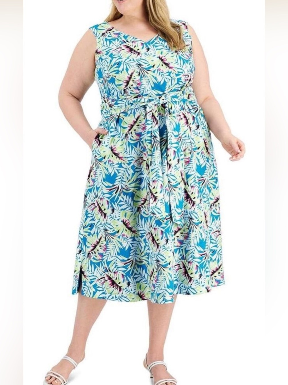 Anne Klein Womens Linen Blend Floral Midi Dress